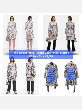 Pink Tartan Floral Trench Coat - Pink, Black & White Size XS/TP